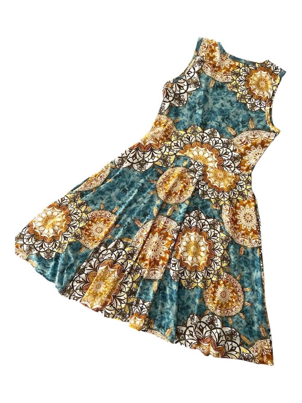 NWOT • Nicki • A-Line • Sleeveless • Fit and Flare Dress • Blue and Gold Mandala - Picture 4 of 10